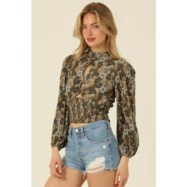Hi Neck Cut Out Long Sleeve Top- Olive