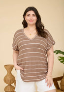 Stripe V Neck Cuffed Short Sleeve Knit Top- Mocha