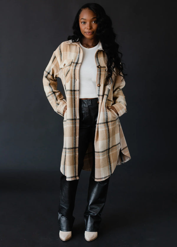 Tan, Black & Beige Plaid Long Flannel