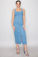 Button Front Strappy Denim Midi Dress- Medium Denim