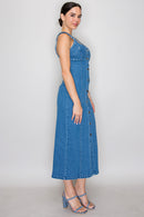 Button Front Strappy Denim Midi Dress- Medium Denim
