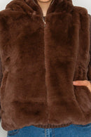 Faux Fur Hoodie Plush Zip-Up Vest - Chocolate