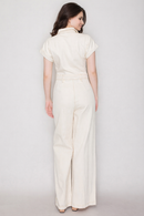 Denim Buttoned Half-Sleeve Jumpsuit- Natural