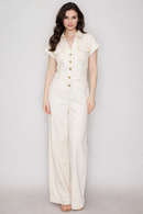 Denim Buttoned Half-Sleeve Jumpsuit- Natural