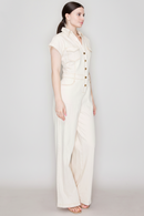 Denim Buttoned Half-Sleeve Jumpsuit- Natural
