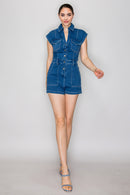 Collared Short Sleeve Romper - Medium Denim