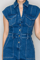 Collared Short Sleeve Romper - Medium Denim