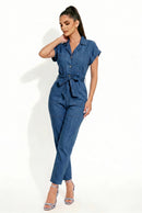 Belted Notch Cuffed Sleeve Denim Jumpsuit- Dark Denim