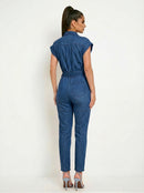 Belted Notch Cuffed Sleeve Denim Jumpsuit- Dark Denim