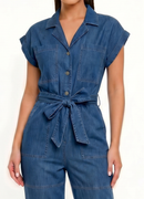 Belted Notch Cuffed Sleeve Denim Jumpsuit- Dark Denim