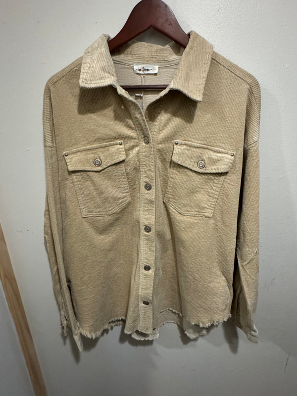 Raw Hem Corduroy Shacket - Oatmeal