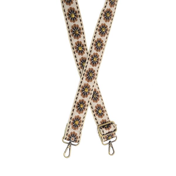 Tan Studded Daisy Embroidered Guitar Strap