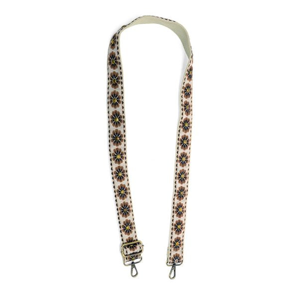 Tan Studded Daisy Embroidered Guitar Strap