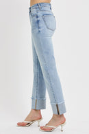 High Rise Straight Cuffed Relaxed Jeans - Light