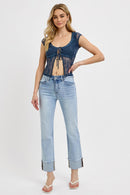 High Rise Straight Cuffed Relaxed Jeans - Light
