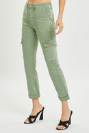 High Rise Cargo Roll-up Slim Pants - Olive