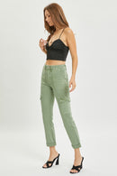 High Rise Cargo Roll-up Slim Pants - Olive