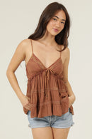 Acid Wash Lace Trim V Neck Cami Tank Top