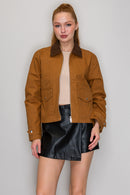 Corduroy Collar Zip-Up Jacket - Brown/Taupe