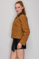 Corduroy Collar Zip-Up Jacket - Brown/Taupe