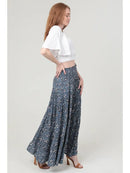 Ditsy Print Smocked Waist Tiered Maxi Skirt - Denim
