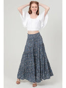 Ditsy Print Smocked Waist Tiered Maxi Skirt - Denim
