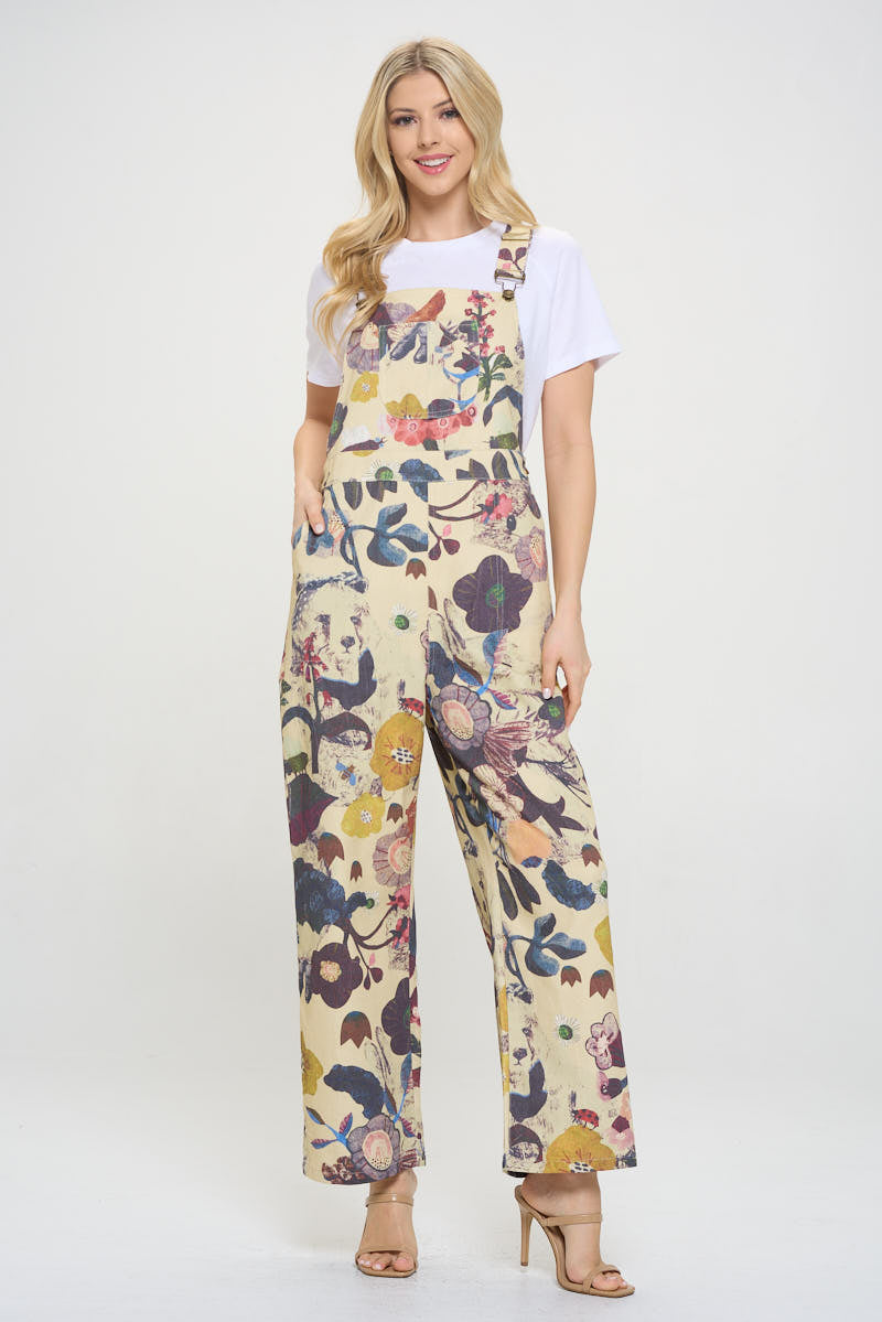 Beige Floral & Bird Print Overall