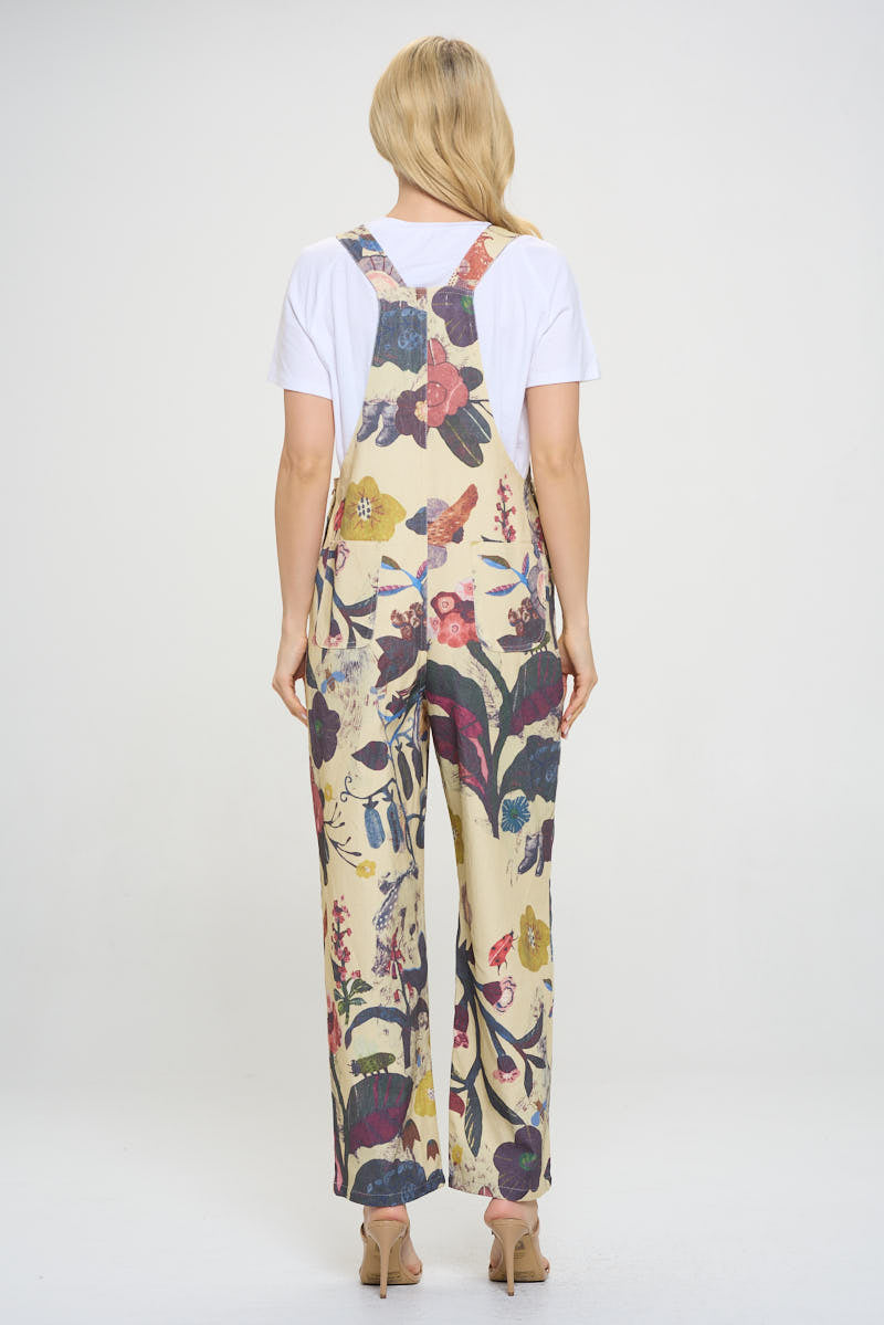 Beige Floral & Bird Print Overall
