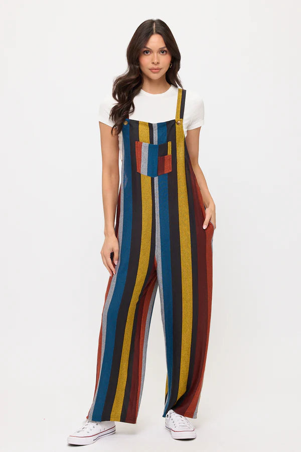 MULTI-COLOR STRIPE PRINT TUNIC OVERALLS