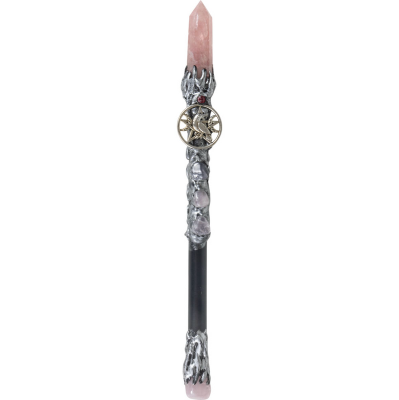 Rose Quarts Point with Silver Raven Magic Wand