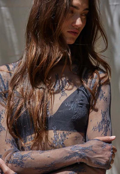 Knit Jacquard Lace Long Sleeve Mock Neck Top