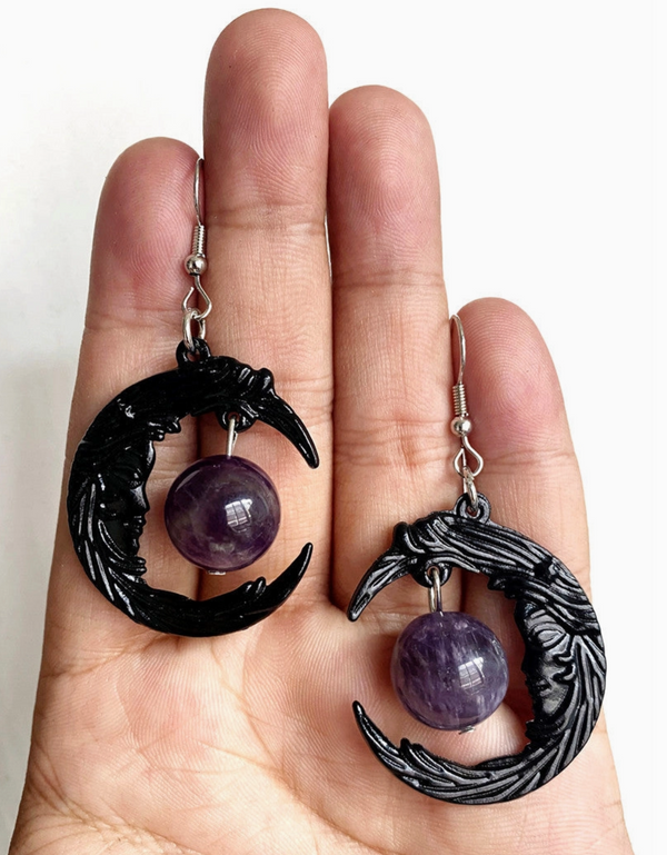 Gothic Face Black Crescent Purple Bead Earrings