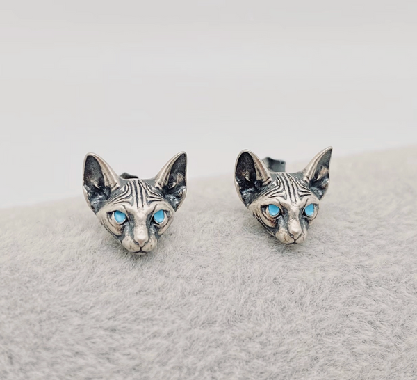 Sterling Silver Blue Eye Cat's Head Stud Earrings