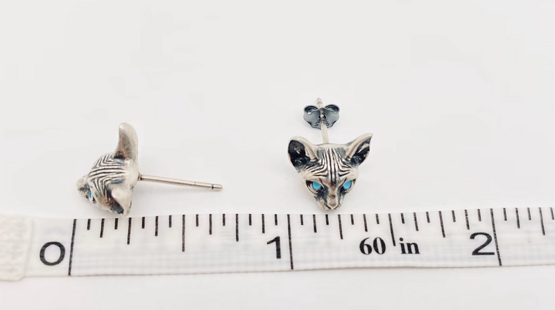 Sterling Silver Blue Eye Cat's Head Stud Earrings