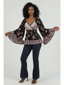 V Neck Wide Flare Bell Sleeve Printed Top