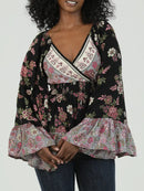 V Neck Wide Flare Bell Sleeve Printed Top