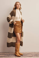 Striped Long Knit Cardigan- Brown