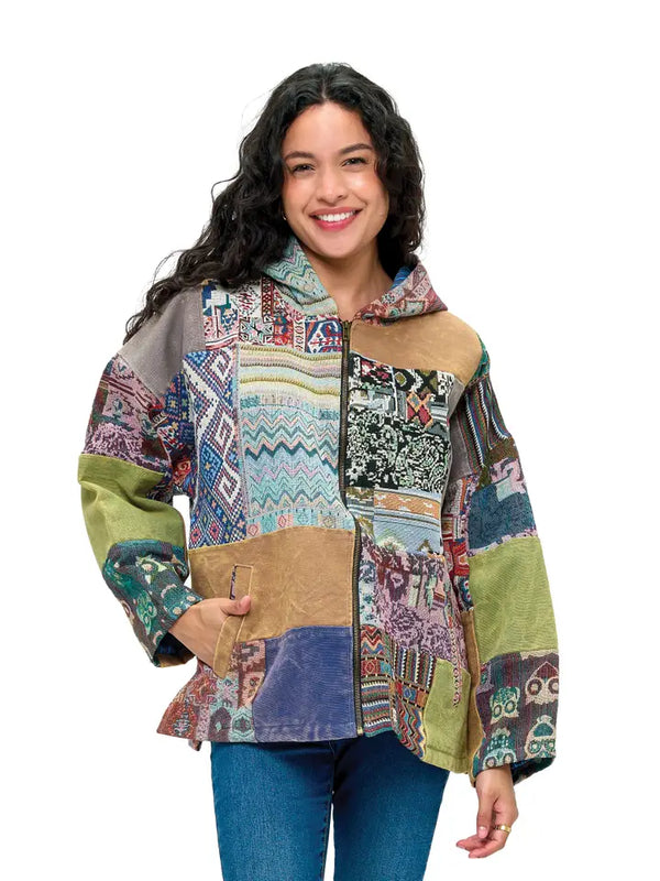 Zip-up Hooded Gheri Jacket Patchwork