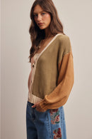 Color Block Knit Cardigan- Olive Multi