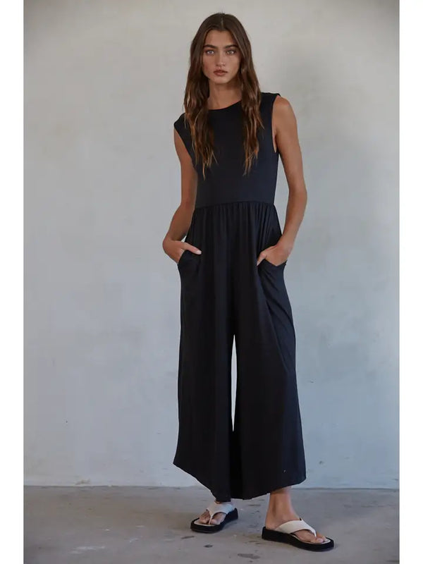 Knit Polyester Spandex Open Back Wide Leg Jumpsuit