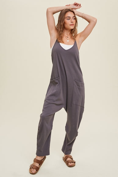 Ribbed Knit Jumpsuit w/ Pockets - Charcoal