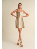 Color Block Linen Mini Dress - Olive/Oatmeal