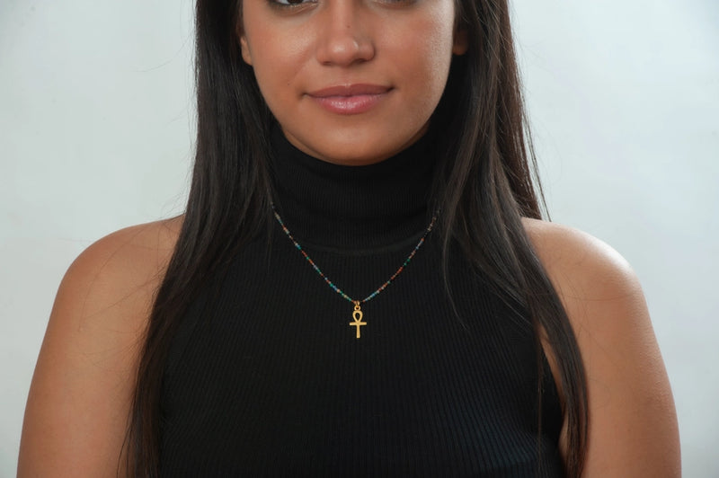 Egyptian Ankh On Petitie Agate Beaded Necklace