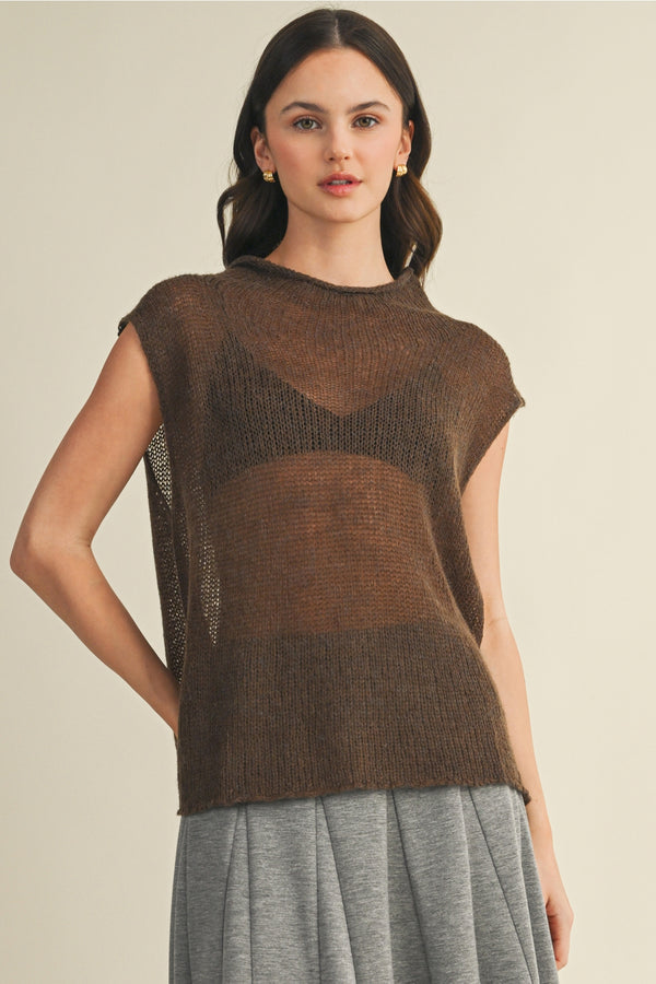 High Neck Sleeveless Sweater Top- Ash Brown