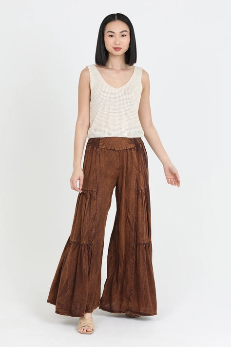 Smocked Waist Tiered Wide Leg Pant - Chocolate