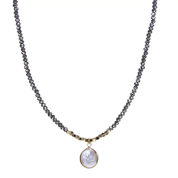 Beaded Crystal Strand Necklace with Natural Coin Pearl Drop