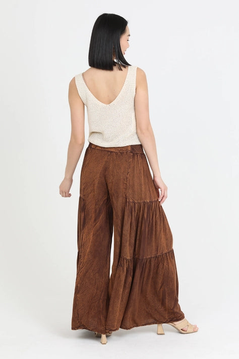 Smocked Waist Tiered Wide Leg Pant - Chocolate