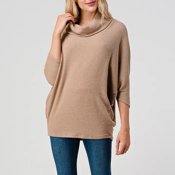 Turtle Cowl Neck Brushed Rib Knit Top