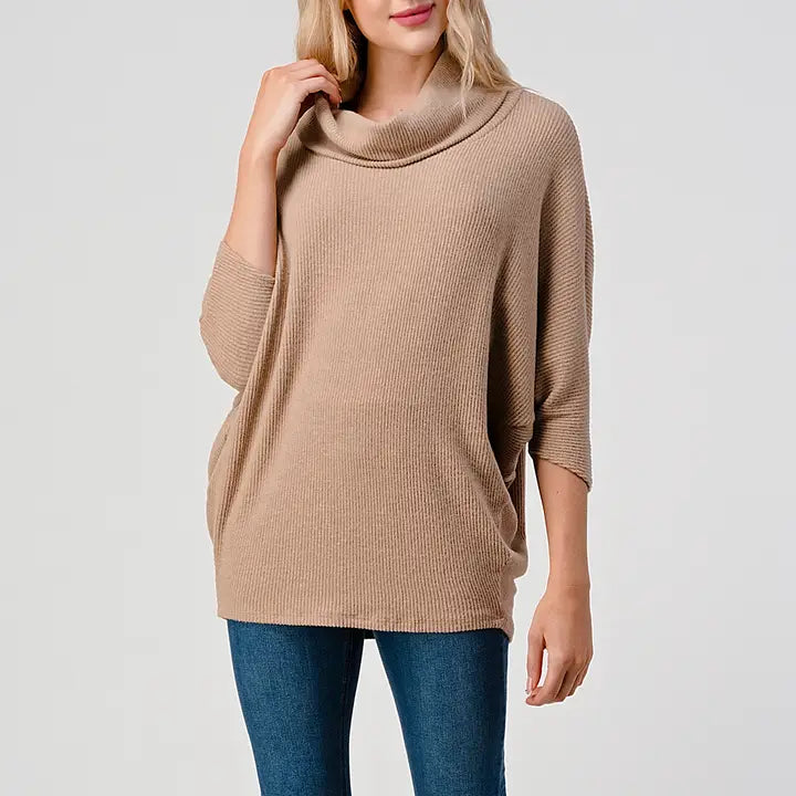 Turtle Cowl Neck Brushed Rib Knit Top