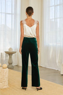 High-Waisted Wide-Leg Velvet Pants- Hunter Green